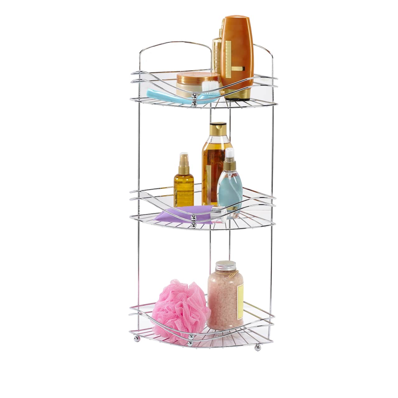Bath Bliss Glossy Chrome Ocean Wave Design 3-Tier Corner Bath Shelf